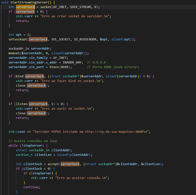 Código de como é feita a inicialização do servidor web